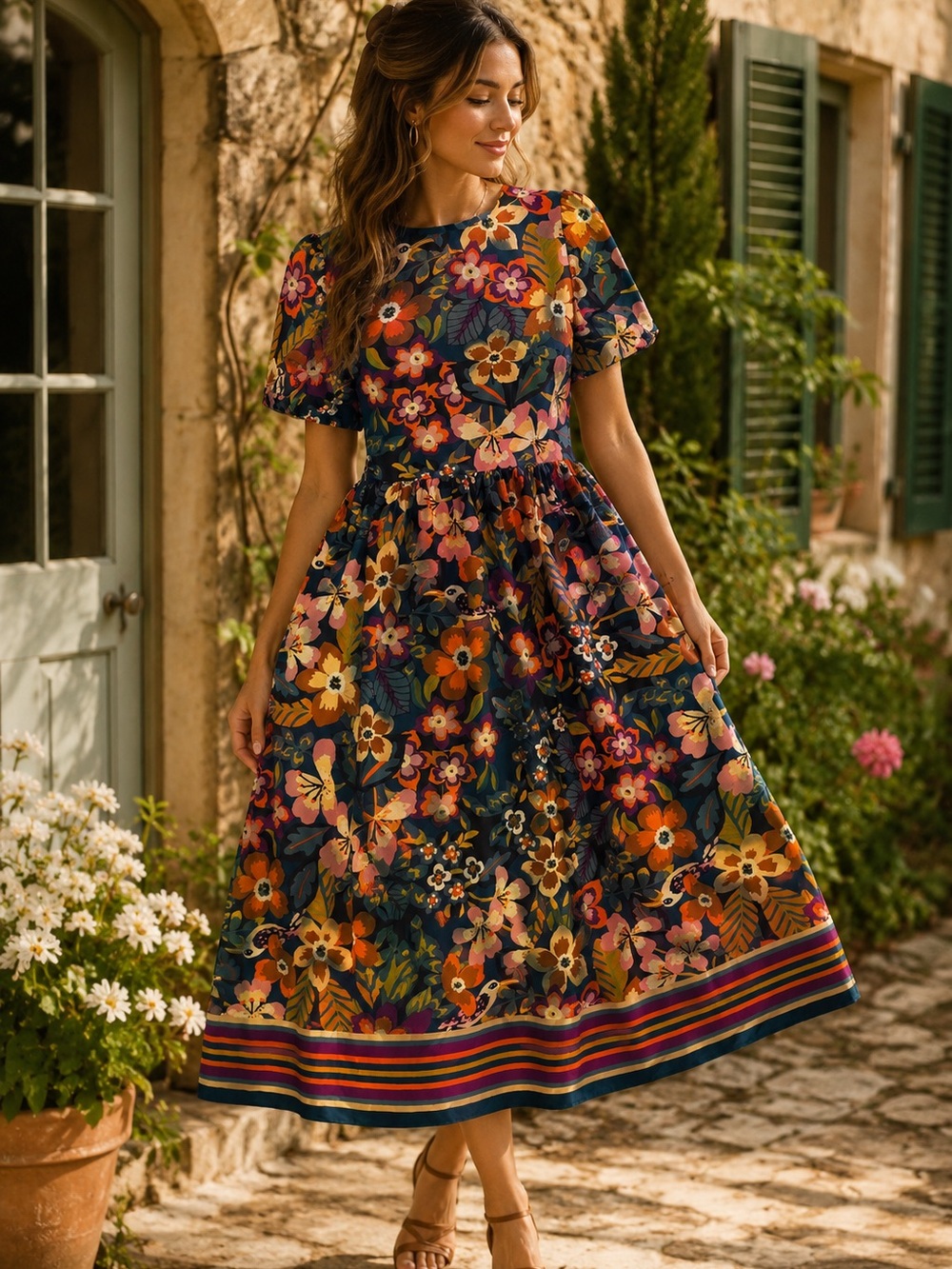 Bohme bright and fun floral bird print midi dress size M short sleeve